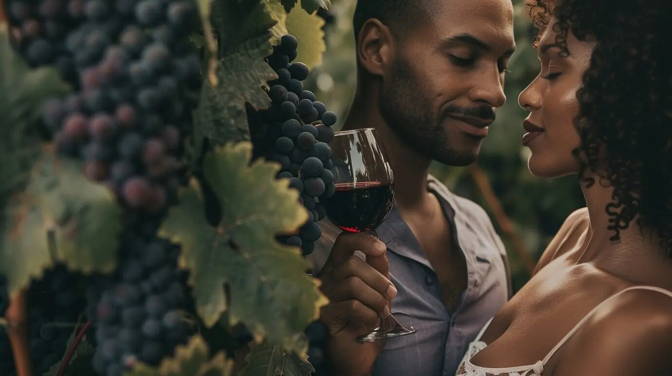 A couple in a vineyard with a cinematic style