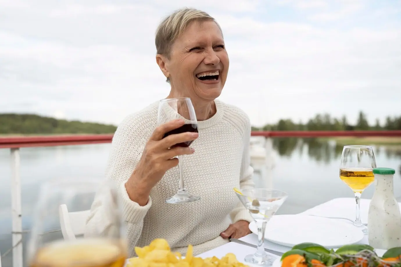 A middle-aged individual having fun at a food festival.