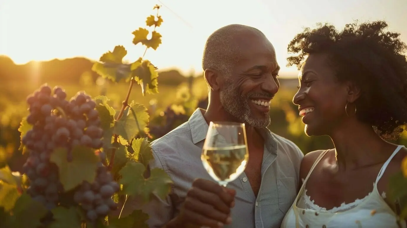 A couple in a vineyard in a cinematic style.